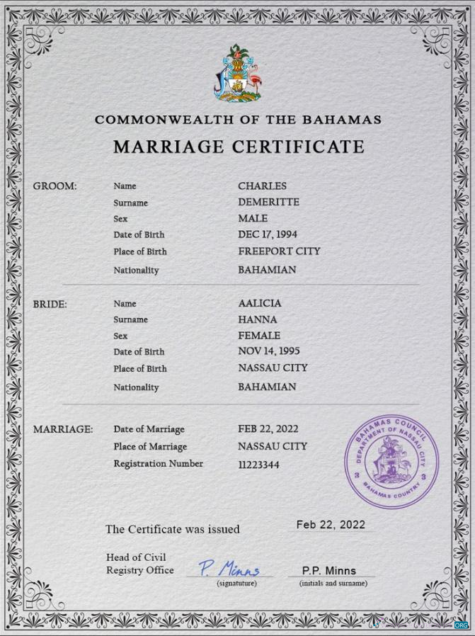 Download Bahamas marriage certificate PSD template Photoshop template